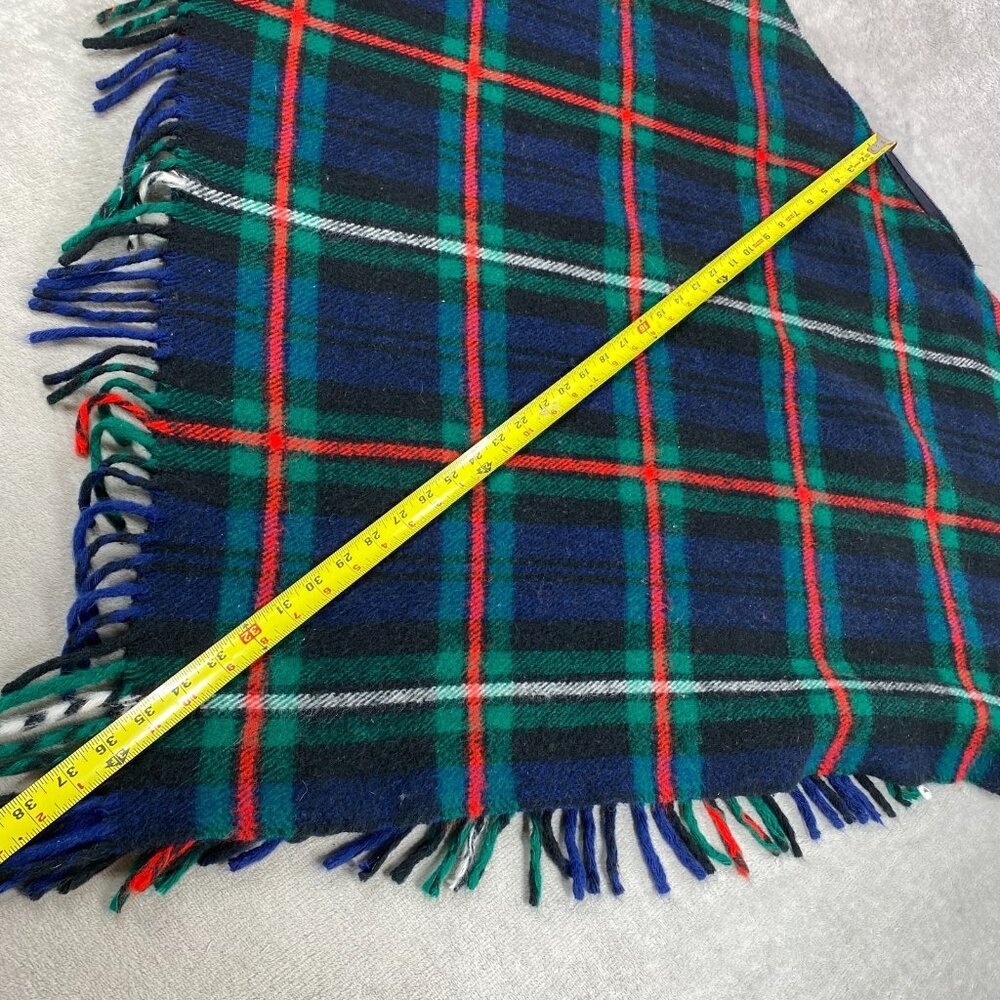 Vtg Troy Leisure Poncho Wool Flannel Blanket Blue Green Red Plaid Fringe Stadium - Picture 3 of 9